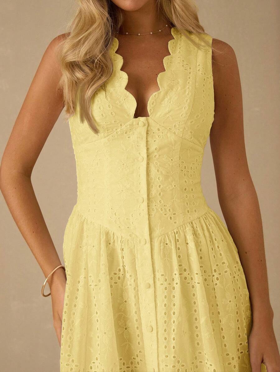 Vestido Longo Elegante com Decote em V Bordado e Cintura Ajustada