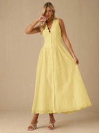 Vestido Longo Elegante com Decote em V Bordado e Cintura Ajustada