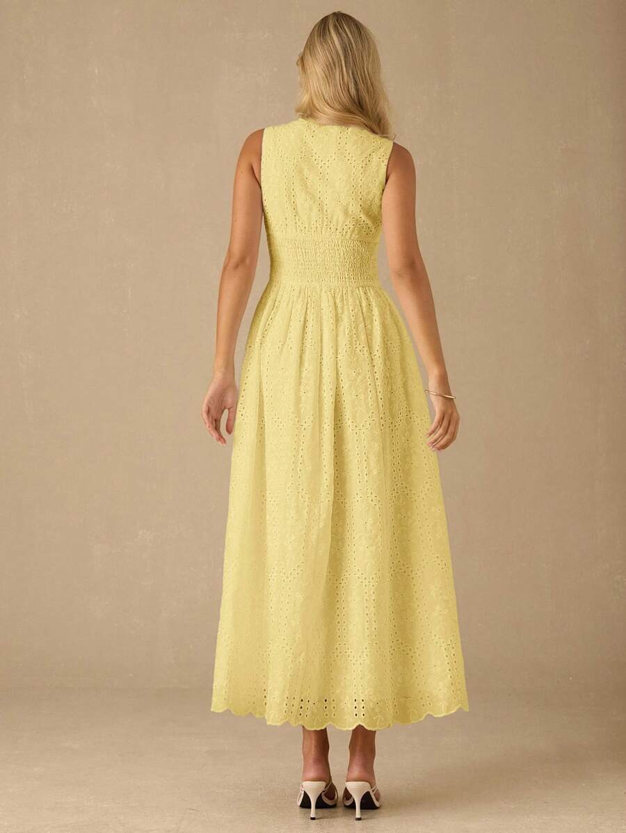 Vestido Longo Elegante com Decote em V Bordado e Cintura Ajustada