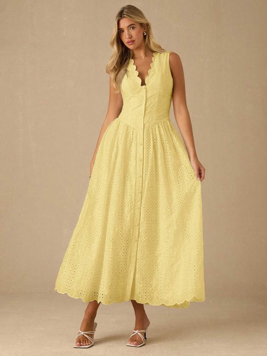 Vestido Longo Elegante com Decote em V Bordado e Cintura Ajustada