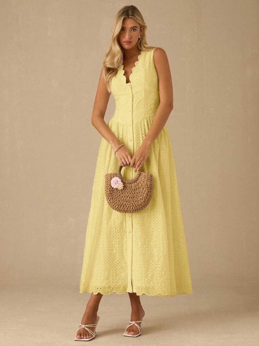 Vestido Longo Elegante com Decote em V Bordado e Cintura Ajustada