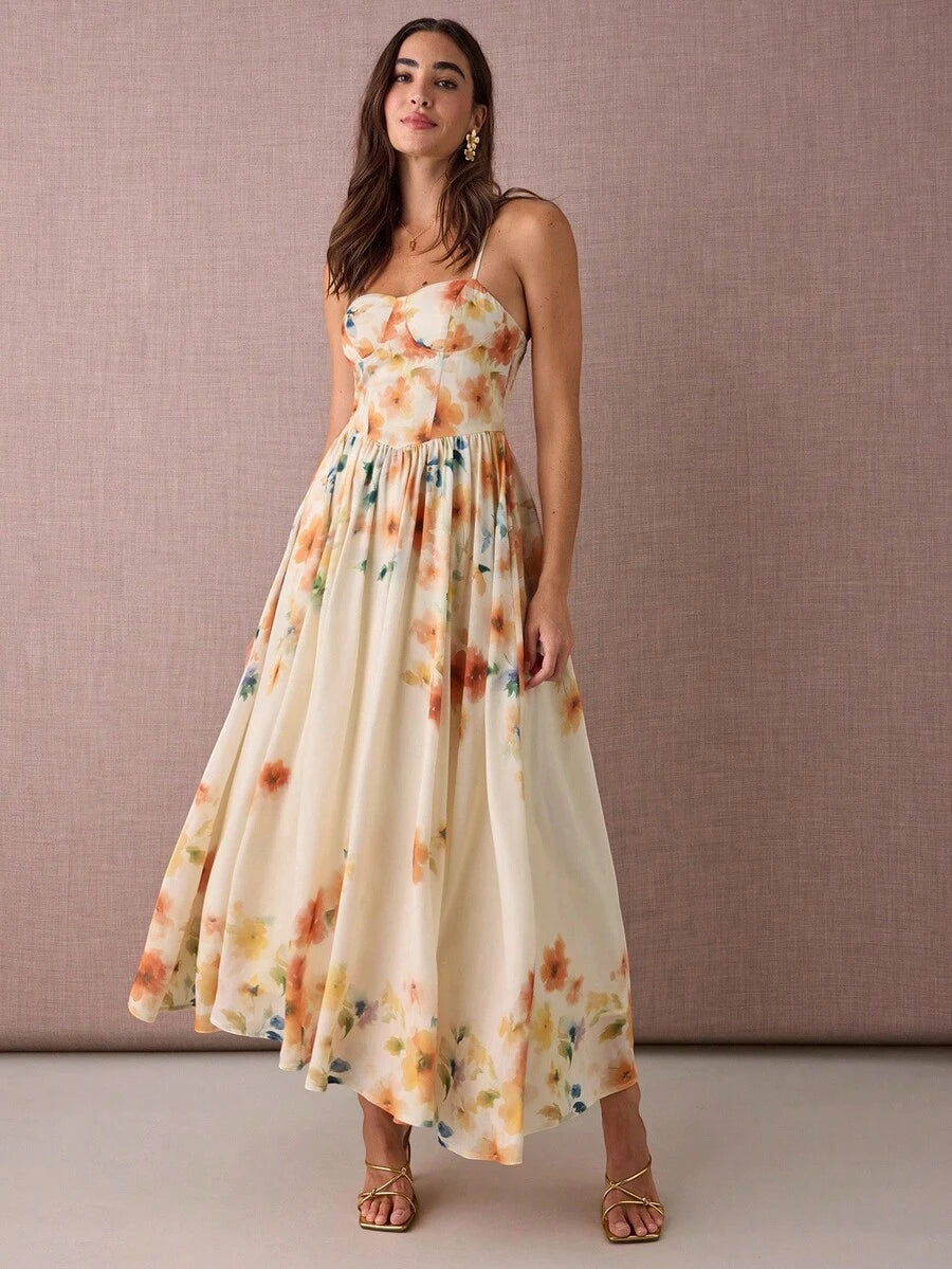 Vestido Longo Floral Abricó Boho de Alça Fina