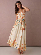 Vestido Longo Floral Abricó Boho de Alça Fina