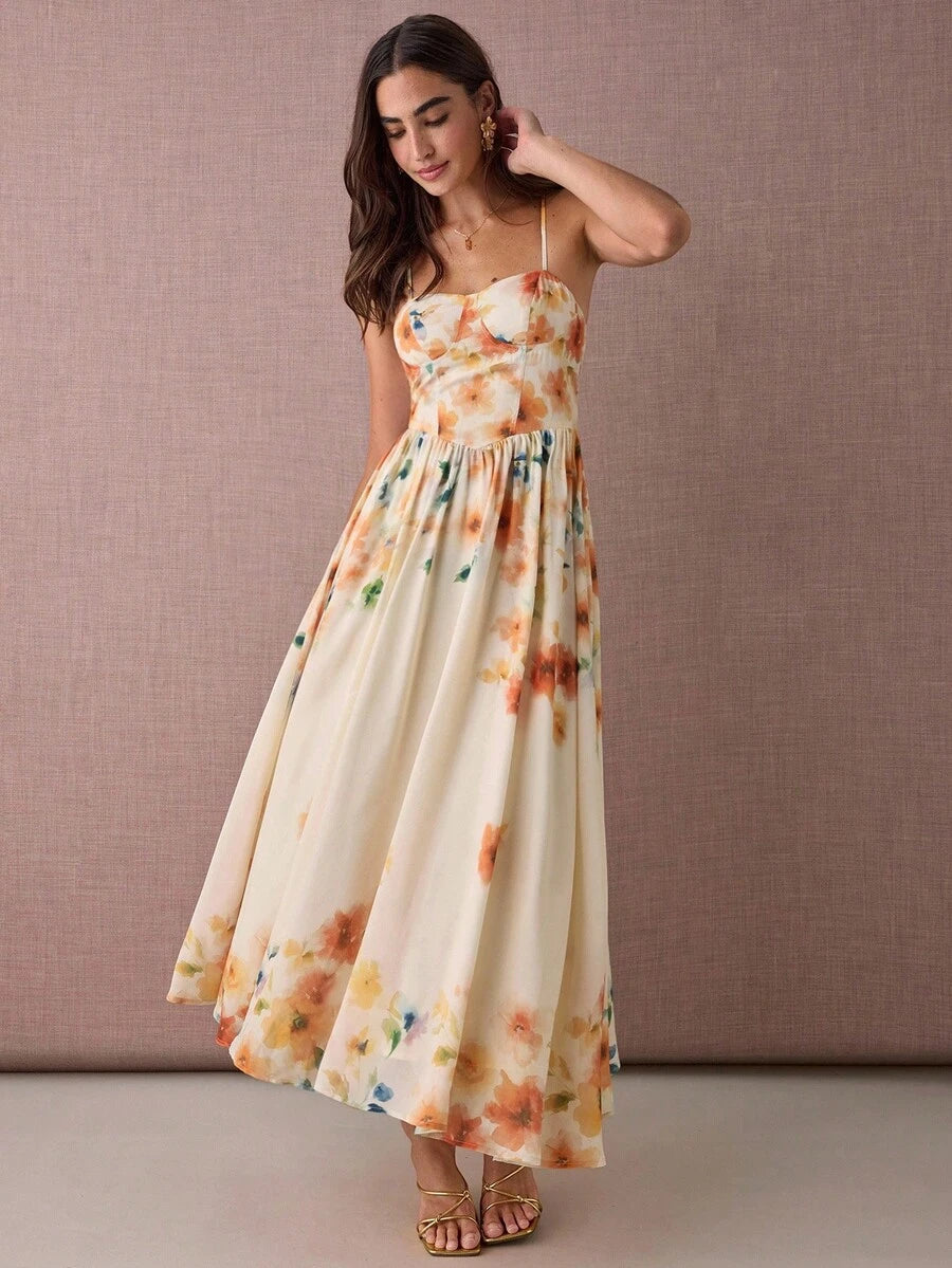 Vestido Longo Floral Abricó Boho de Alça Fina