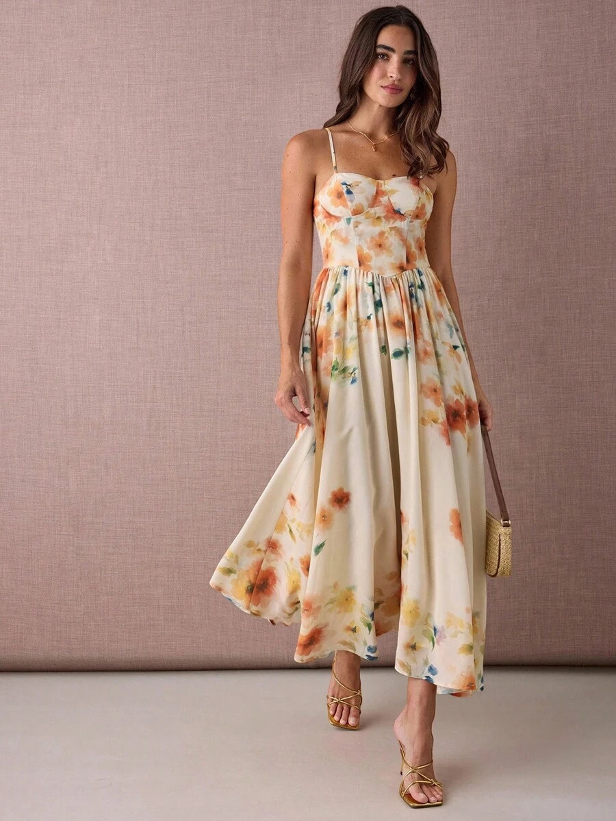Vestido Longo Floral Abricó Boho de Alça Fina