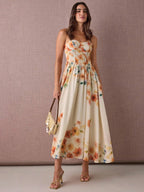 Vestido Longo Floral Abricó Boho de Alça Fina