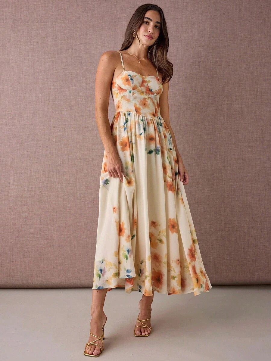 Vestido Longo Floral Abricó Boho de Alça Fina