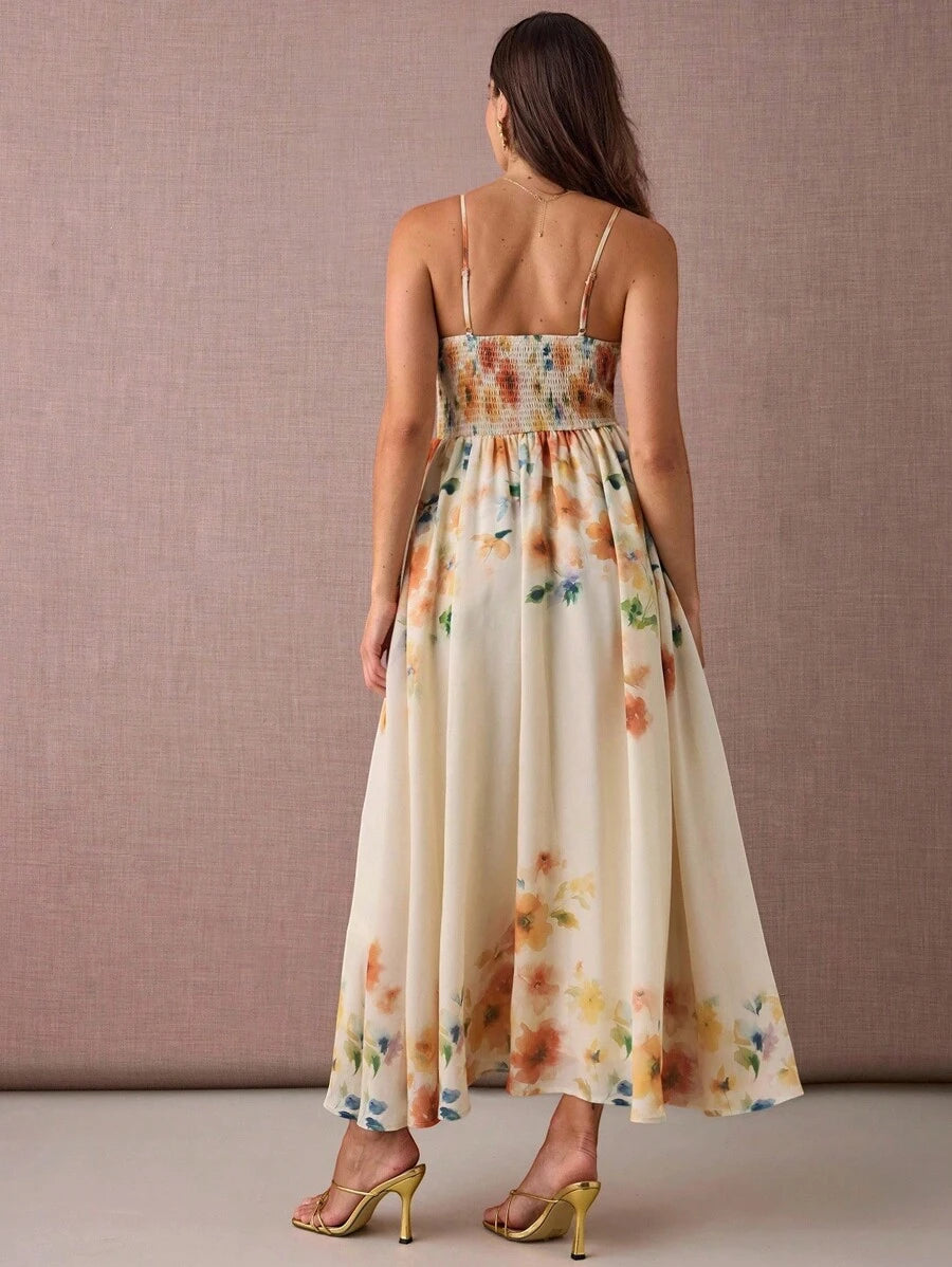 Vestido Longo Floral Abricó Boho de Alça Fina