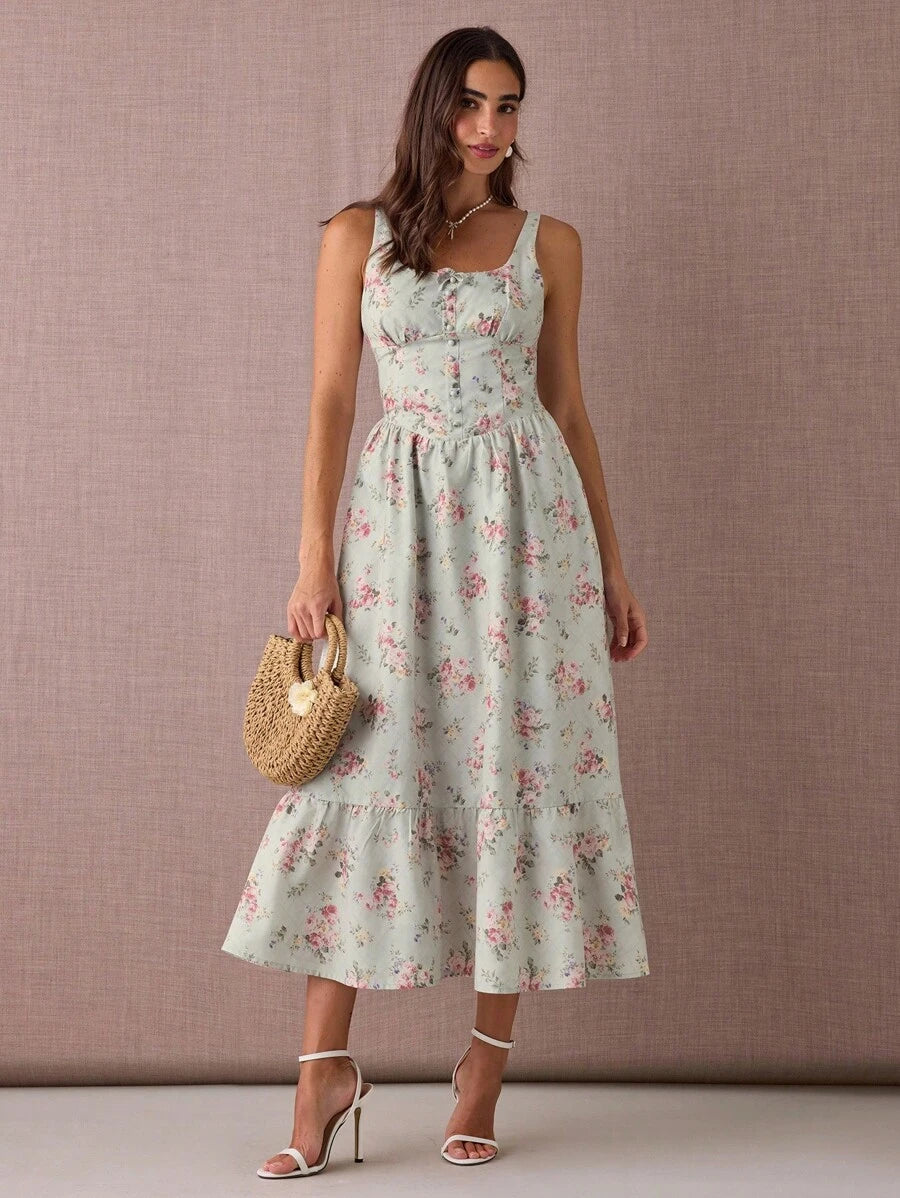 Vestido Longo com Estampa Floral, Alças Grossas e Bainha Franzida