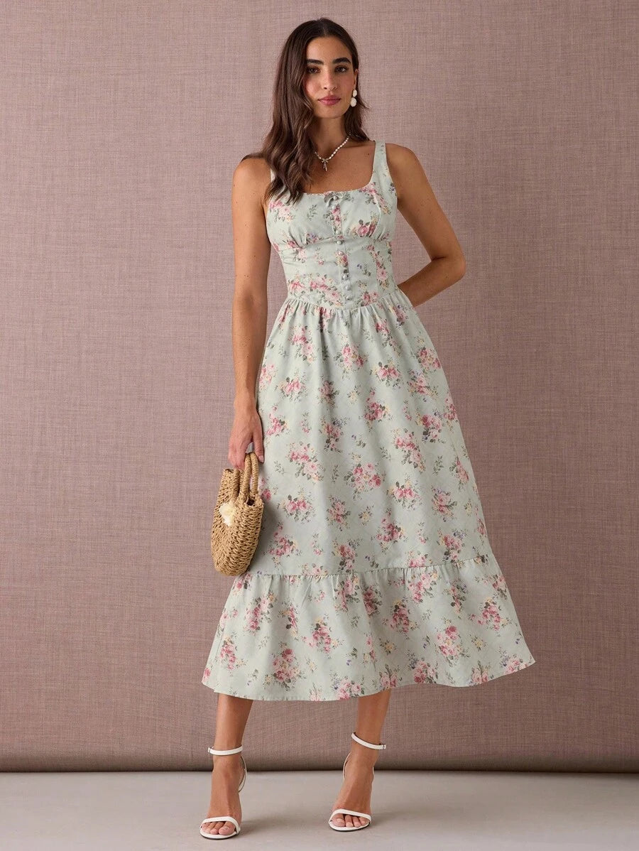 Vestido Longo com Estampa Floral, Alças Grossas e Bainha Franzida