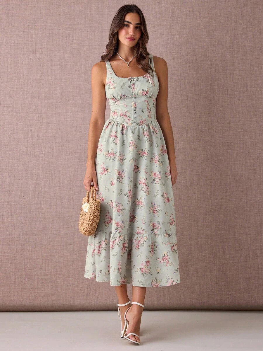 Vestido Longo com Estampa Floral, Alças Grossas e Bainha Franzida