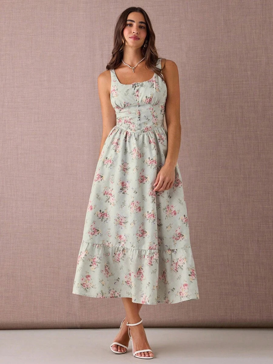 Vestido Longo com Estampa Floral, Alças Grossas e Bainha Franzida