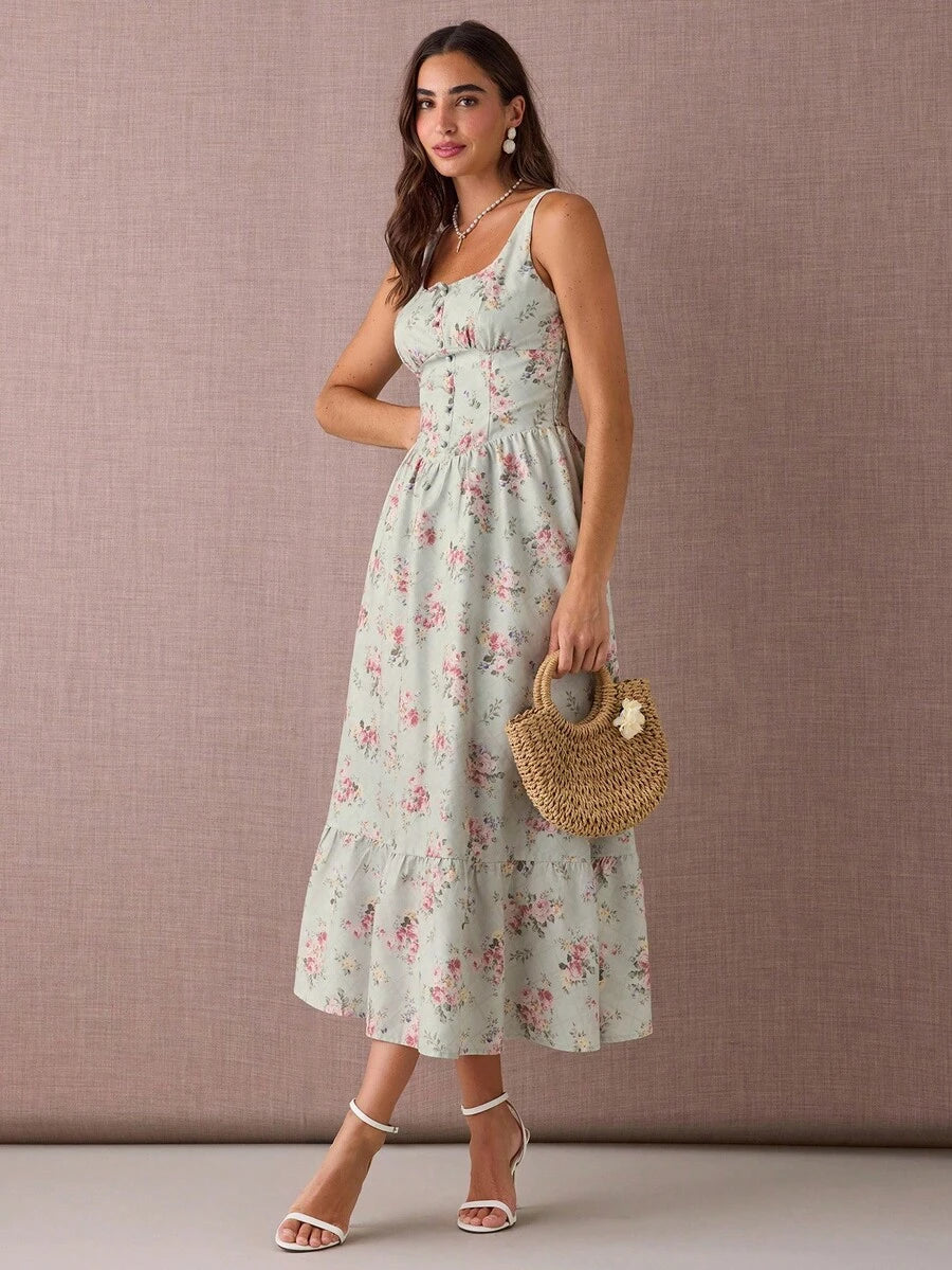 Vestido Longo com Estampa Floral, Alças Grossas e Bainha Franzida