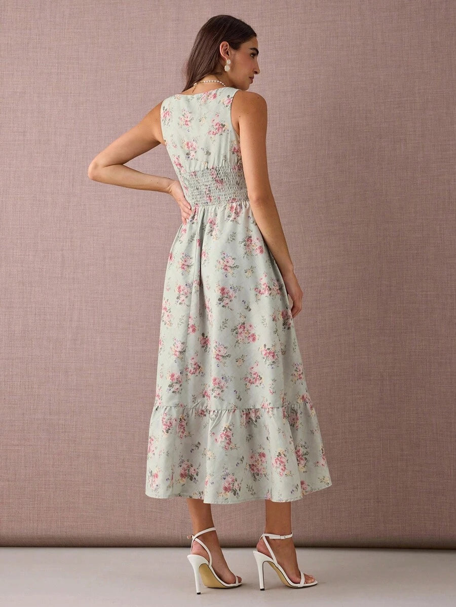 Vestido Longo com Estampa Floral, Alças Grossas e Bainha Franzida