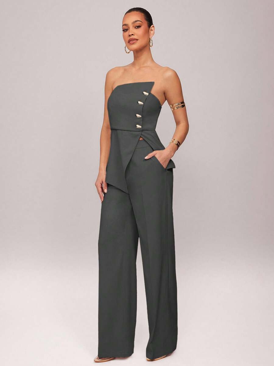 Conjunto Impacto com  Top Assimétrico sem Alça com Botão Metálico