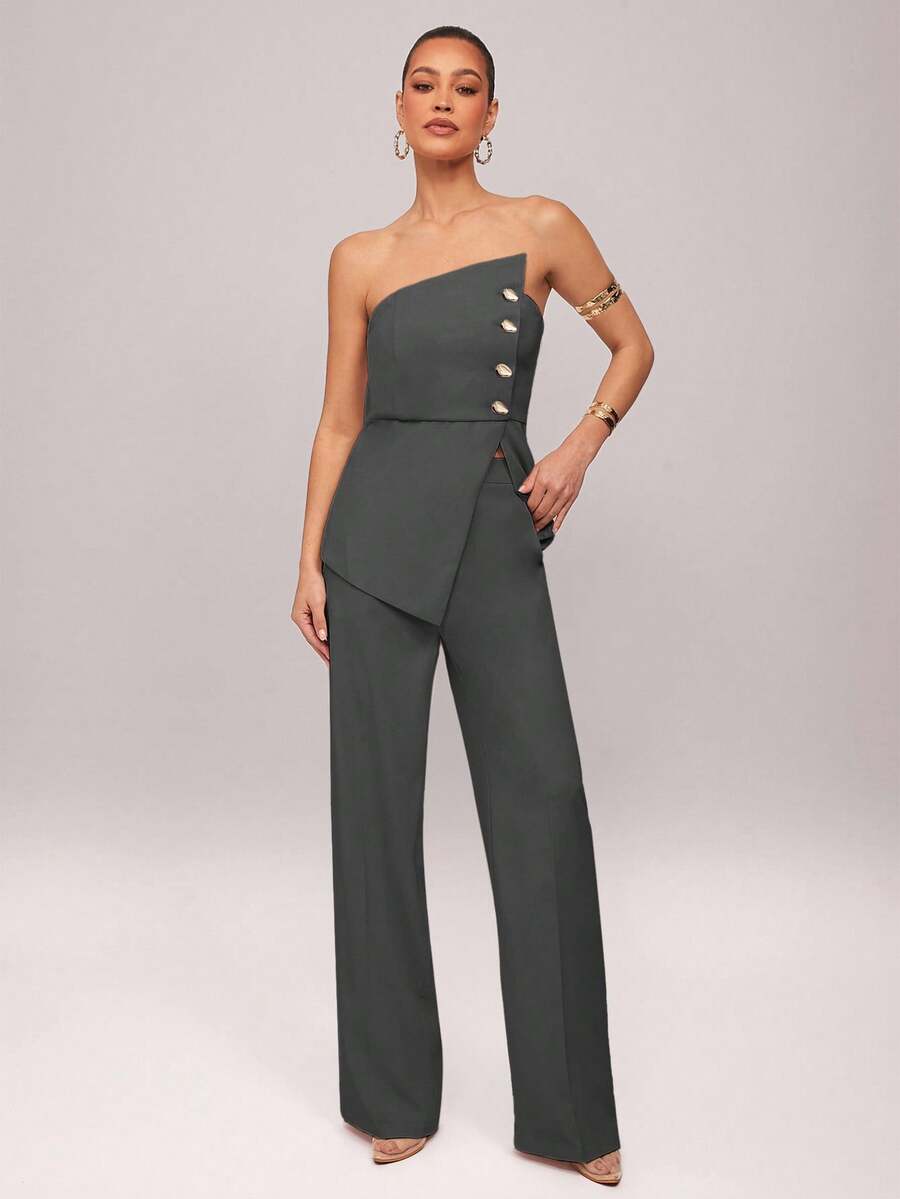 Conjunto Impacto com  Top Assimétrico sem Alça com Botão Metálico