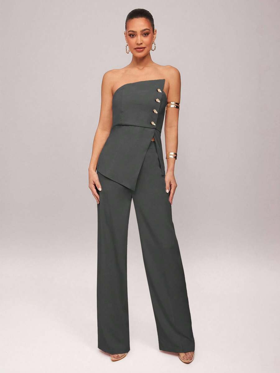 Conjunto Impacto com  Top Assimétrico sem Alça com Botão Metálico