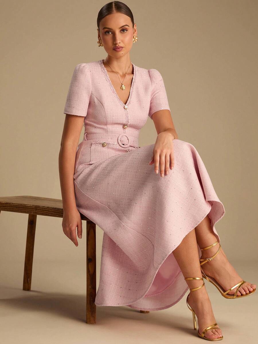 Vestido Longo Elegante com Botões, Cinto e Detalhes em Lantejoulas