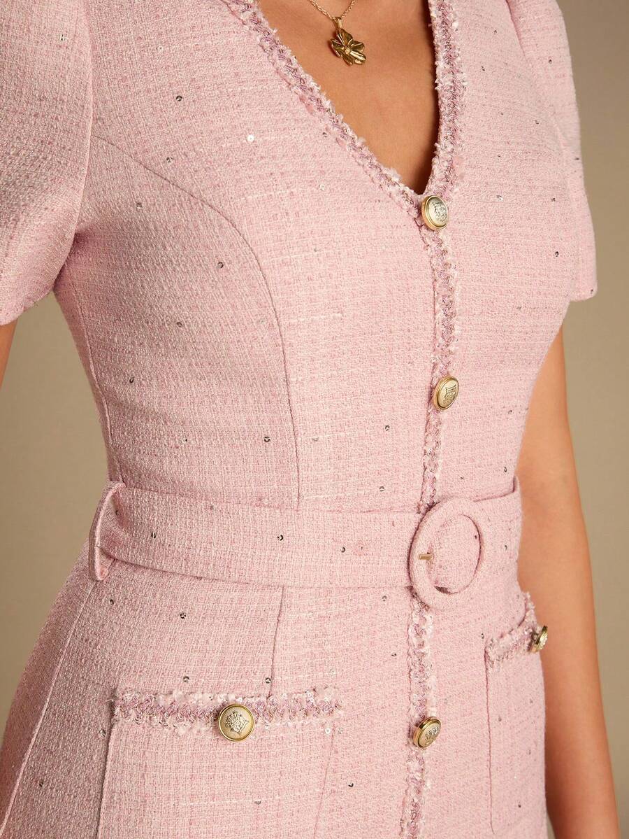 Vestido Longo Elegante com Botões, Cinto e Detalhes em Lantejoulas