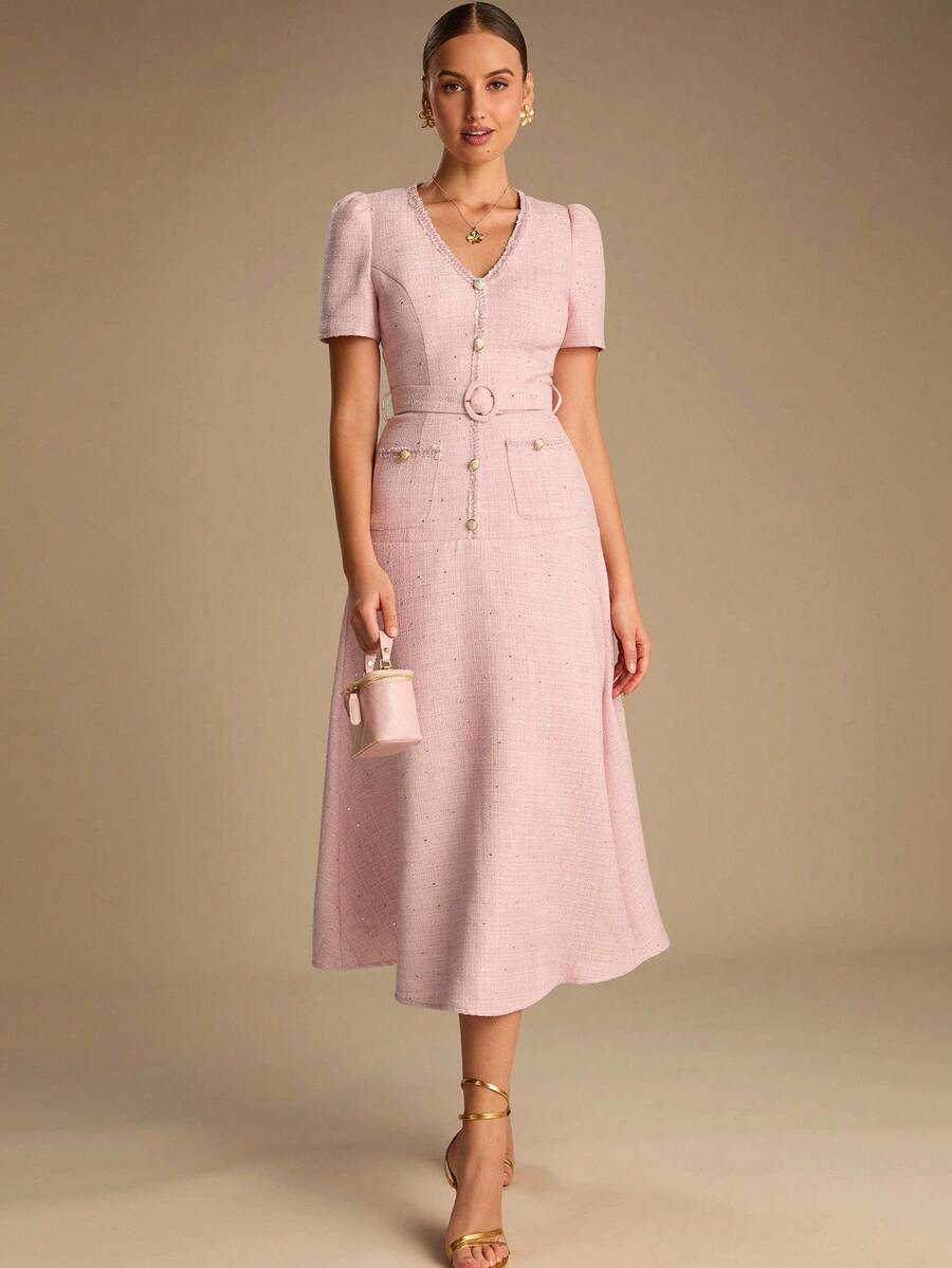 Vestido Longo Elegante com Botões, Cinto e Detalhes em Lantejoulas