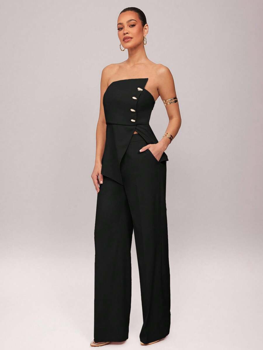 Conjunto Impacto com  Top Assimétrico sem Alça com Botão Metálico