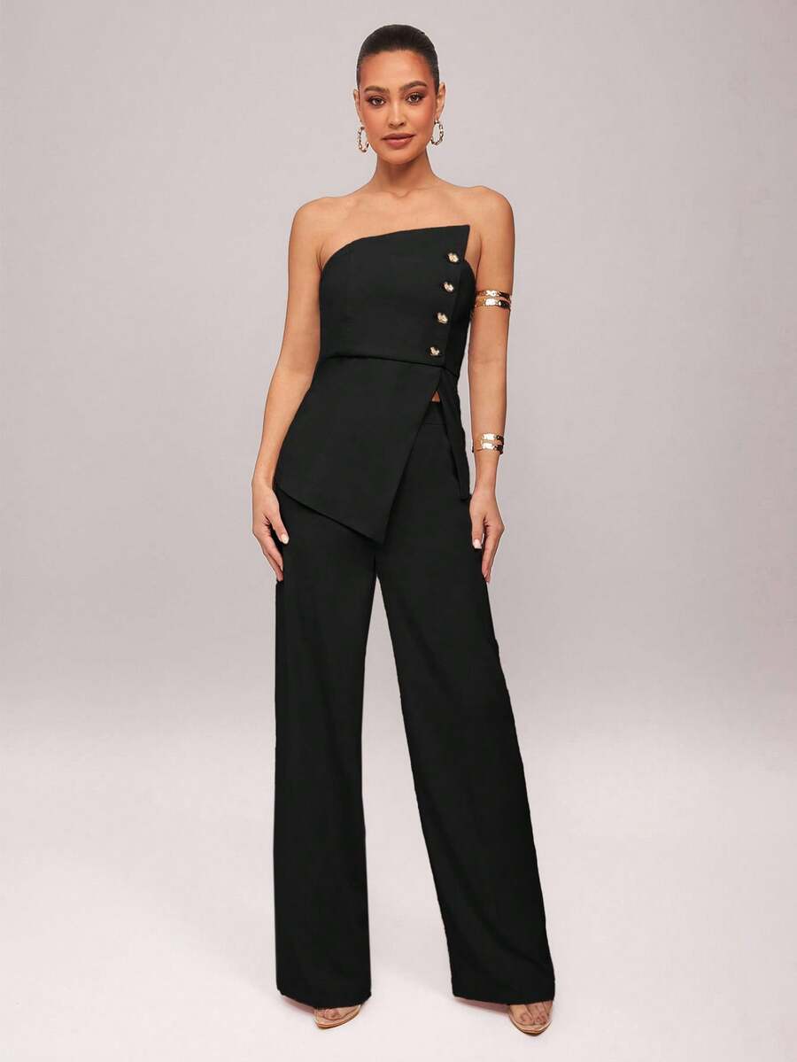 Conjunto Impacto com  Top Assimétrico sem Alça com Botão Metálico