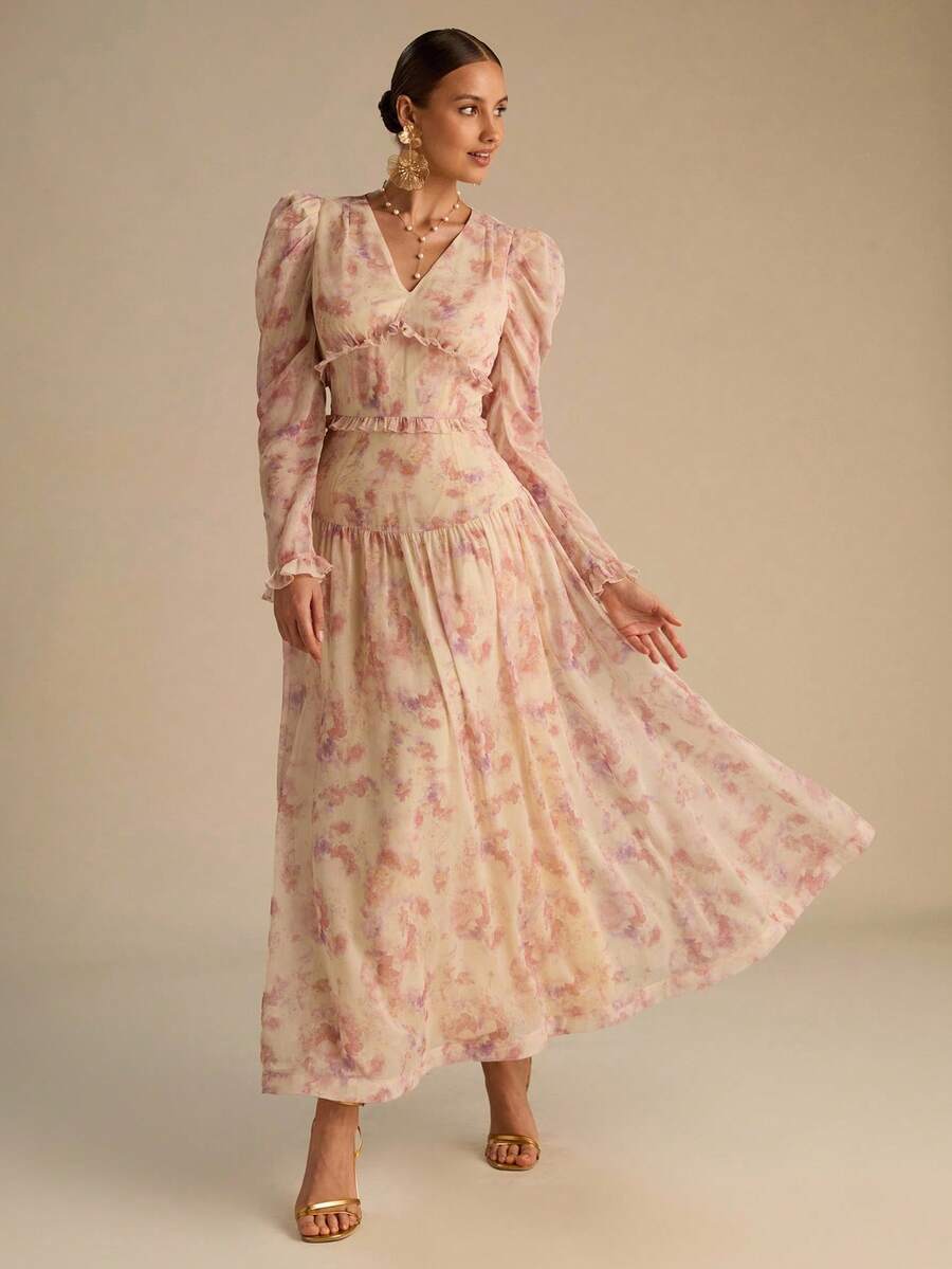 Vestido Longo Floral Aurora Manga Longa