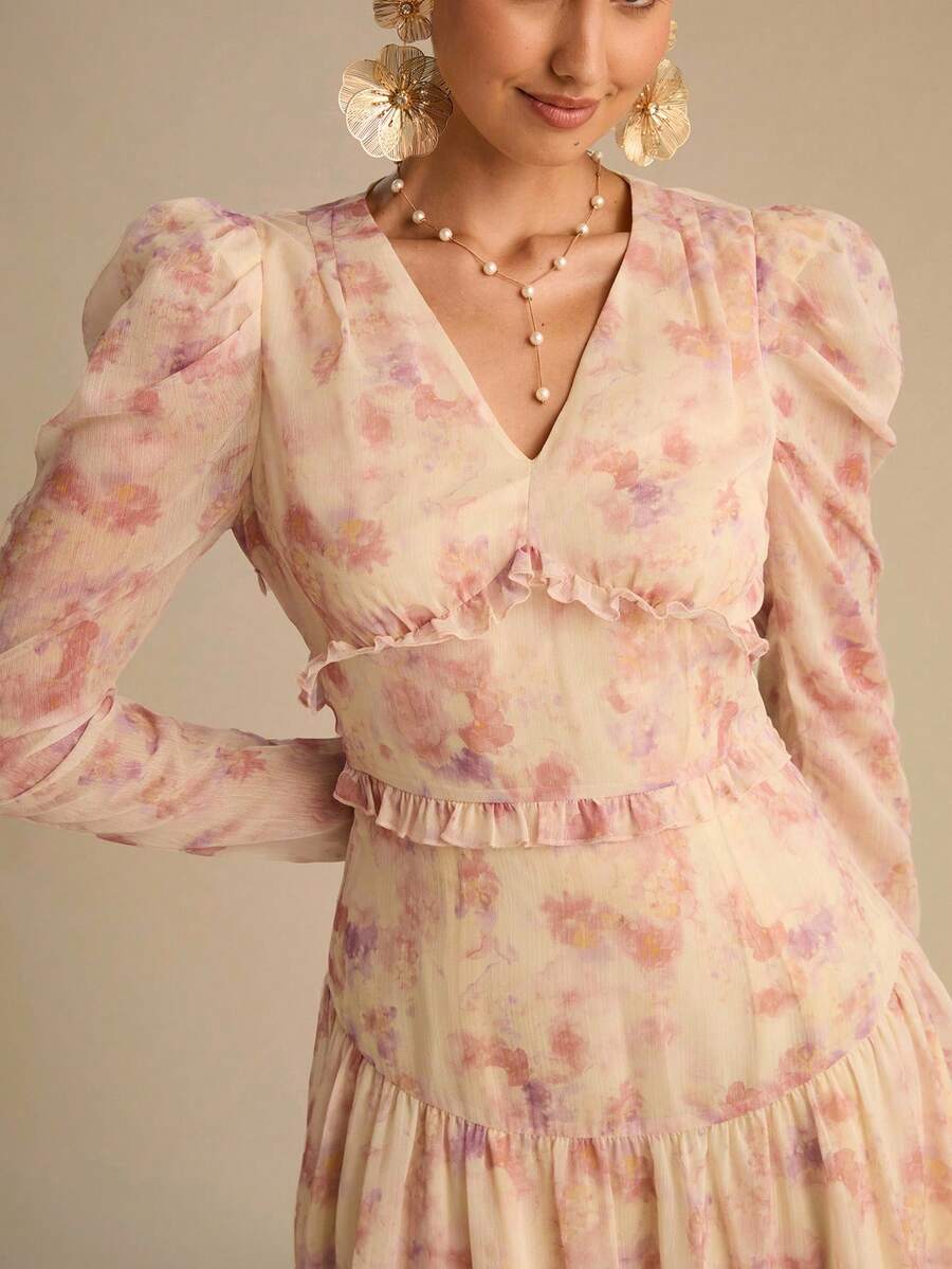 Vestido Longo Floral Aurora Manga Longa