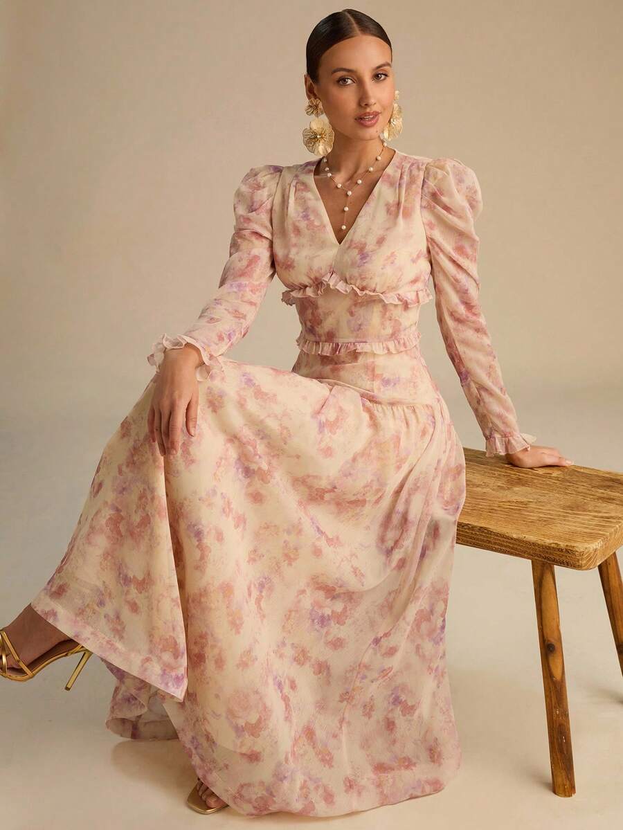 Vestido Longo Floral Aurora Manga Longa