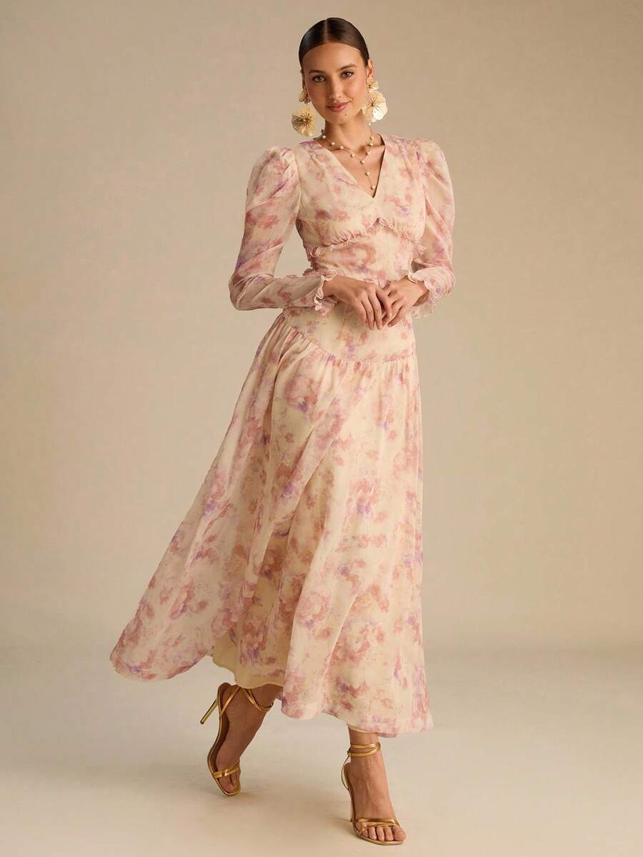 Vestido Longo Floral Aurora Manga Longa