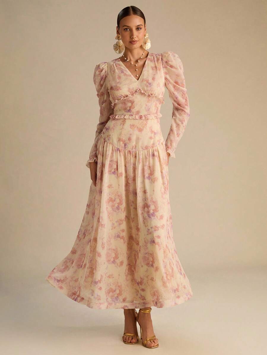 Vestido Longo Floral Aurora Manga Longa