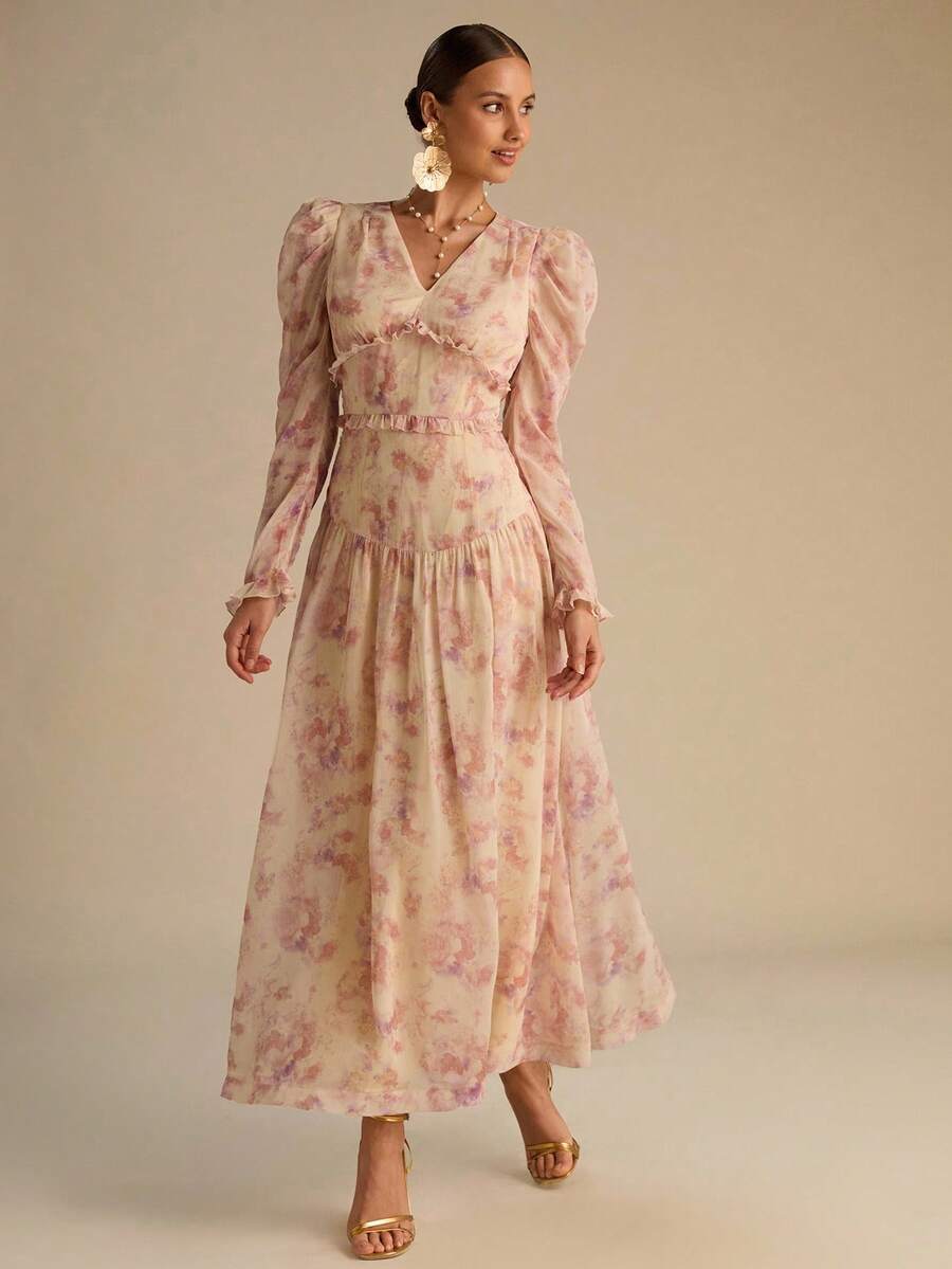 Vestido Longo Floral Aurora Manga Longa