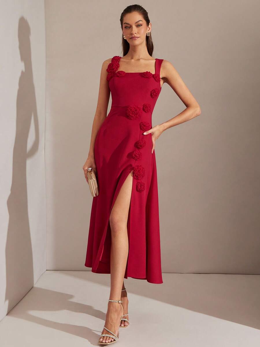 Vestido Longo Aveloria Rouge 3D com Bordado Floral Francês