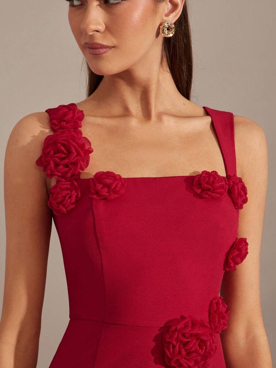 Vestido Longo Aveloria Rouge 3D com Bordado Floral Francês