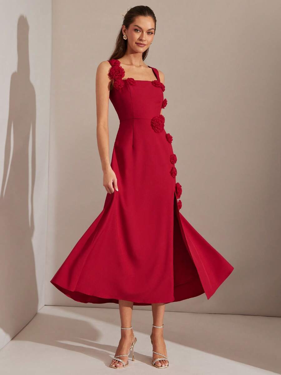 Vestido Longo Aveloria Rouge 3D com Bordado Floral Francês