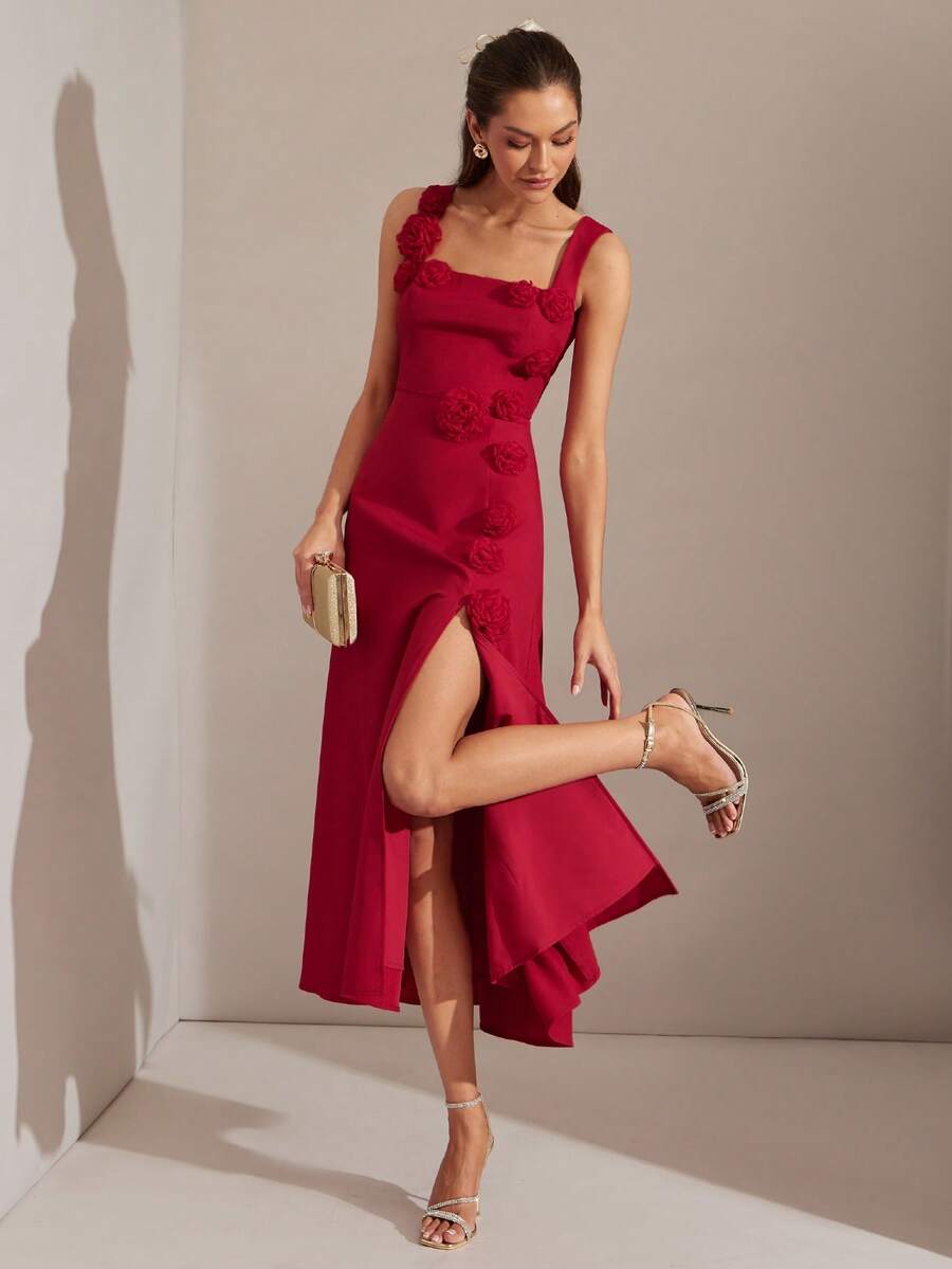 Vestido Longo Aveloria Rouge 3D com Bordado Floral Francês