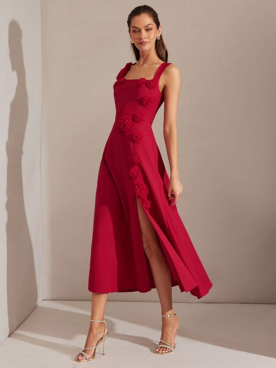 Vestido Longo Aveloria Rouge 3D com Bordado Floral Francês