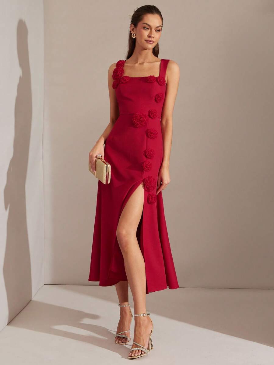 Vestido Longo Aveloria Rouge 3D com Bordado Floral Francês