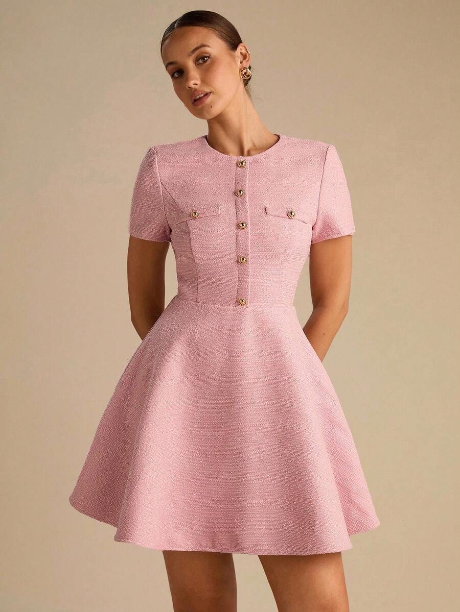 Vestido Aurora de Manga Curta com Gola Redonda e Botões