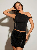 Top Assimétrico Feminino Romântico com Rosa 3D no Ombro