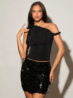 Top Assimétrico Feminino Romântico com Rosa 3D no Ombro