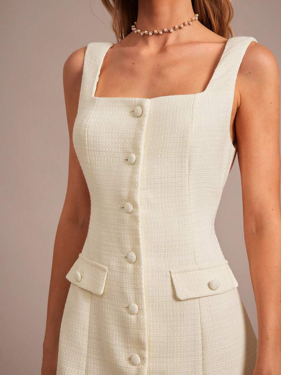 Vestido  com Botões na Frente e Sem Mangas