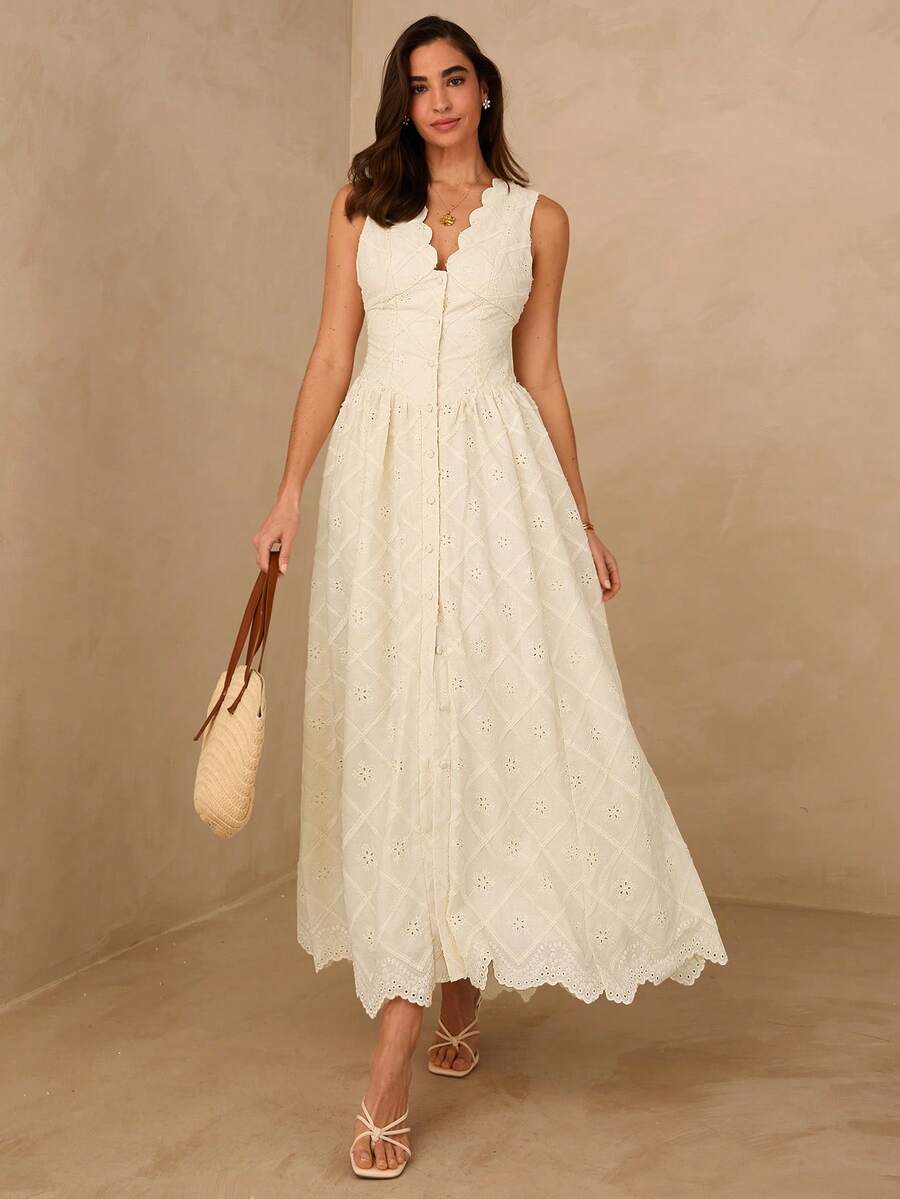 Vestido Longo Elegante com Decote em V Bordado e Cintura Ajustada