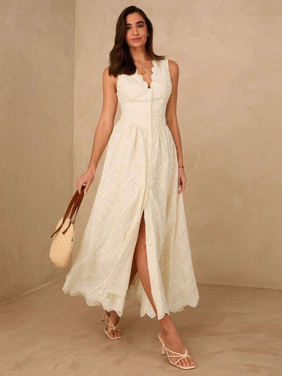 Vestido Longo Elegante com Decote em V Bordado e Cintura Ajustada