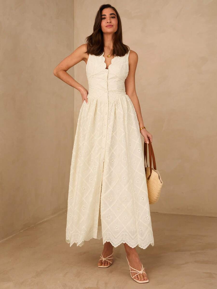 Vestido Longo Elegante com Decote em V Bordado e Cintura Ajustada