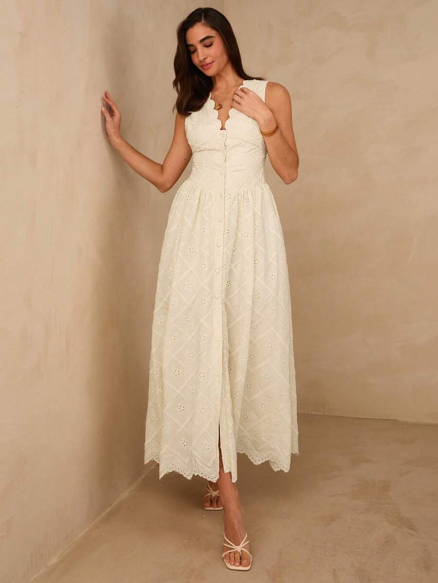 Vestido Longo Elegante com Decote em V Bordado e Cintura Ajustada