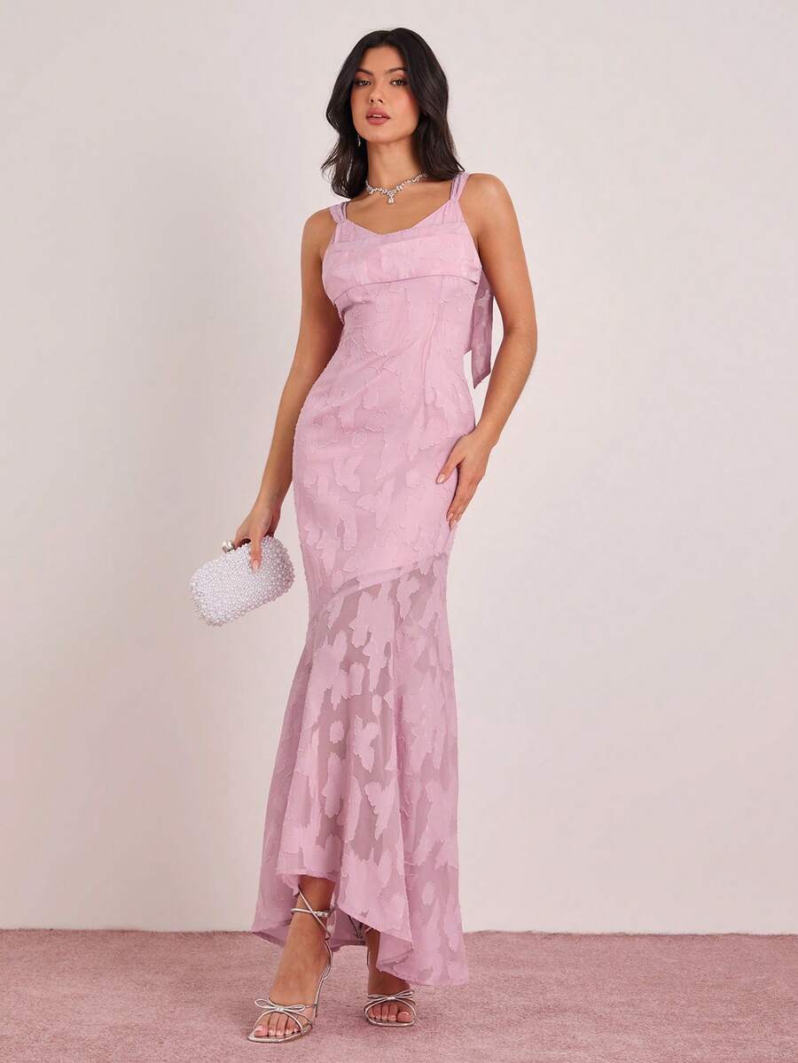 Vestido Longo Sereia Malva com Estampa em Relevo e Costas Abertas