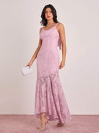 Vestido Longo Sereia Malva com Estampa em Relevo e Costas Abertas