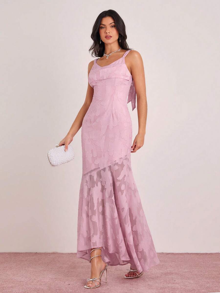 Vestido Longo Sereia Malva com Estampa em Relevo e Costas Abertas