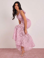 Vestido Longo Sereia Malva com Estampa em Relevo e Costas Abertas